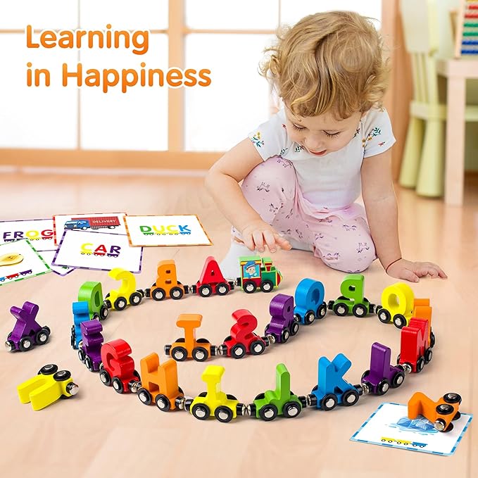 Vanmor 27 PCS Magnetic Wooden Alphabet Train Sets | ABC Letter Learning Toy Trains with 42 PCS Flash Cards, 1 Engine, 1 Storage Bag | Toddlers Kids Boys Girls Educational Toys for 3 4 5 6 7 Years Old