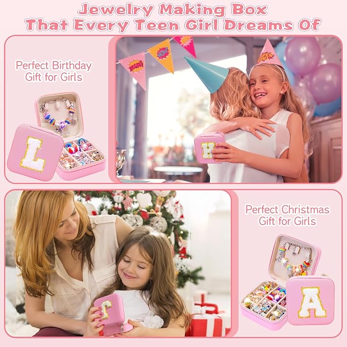 SUREHOME Charm Bracelet Making Kit for Girls 8-12, Teen Kids Jewelry Making Kit Easy to Craft Necklace Personalized Christmas Gifts for Girls Ages 5-7 6-8 8 9 10 11 Years Old Birthday Trendy Stuff - D