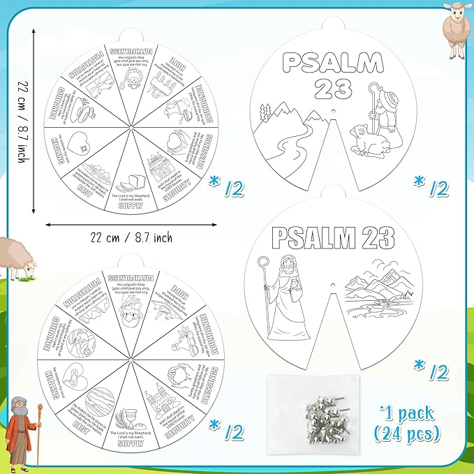 COcnny Psalm 23 Christian Coloring Craft - 24 Sets Color Your Own Religious Bible Wheel Cards for Kids, Baptism Verse Art Coloring Paper Game DIY Jesus Biblical Activities for Sunday School Class Home