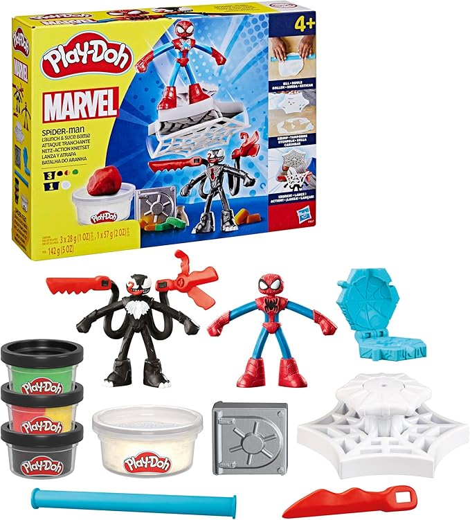 Play-Doh Marvel Spider-Man Launch & Slice Battle Playset with 2 Bendy Action Figures and 7 Accessories, Imagination Toys for Boys & Girls 4 Years & Up