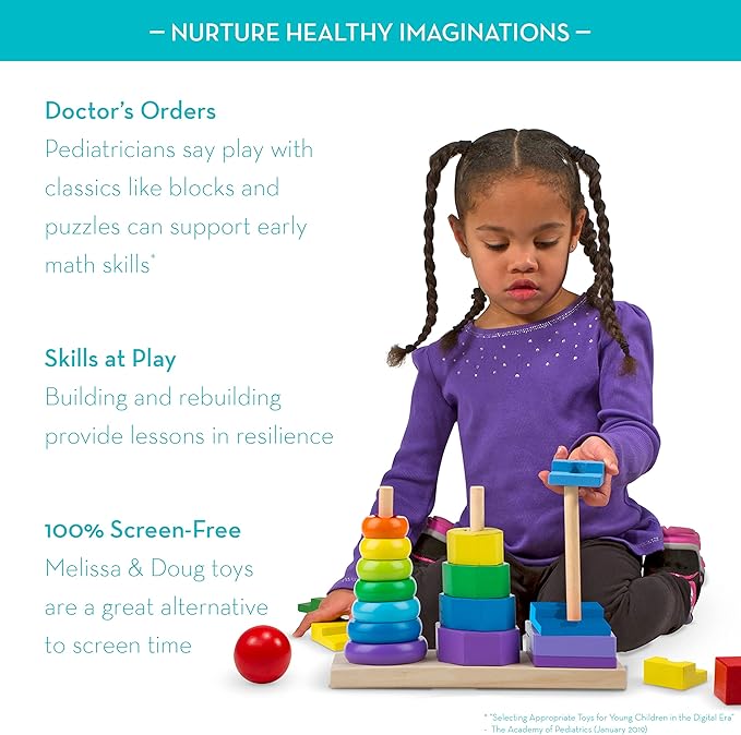 Melissa & Doug Geometric Stacker - Wooden Educational Toy Wooden Shape Sorter And Stacking Toy, Stacking Tower For Babies, Toys For Toddlers And Kids Ages 2+