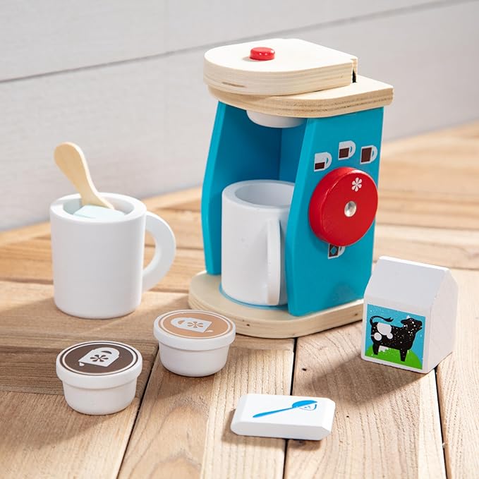 Melissa & Doug 11-Piece Brew and Serve Wooden Coffee Maker Set - Play Kitchen Accessories Pretend Play Kitchen Accessories Kids Coffee Maker Set For Girls And Boys