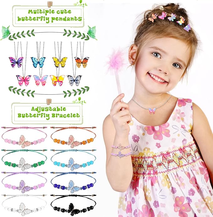 Ecally 211 Pcs Butterfly Party Favors for Girls with Butterfly Keychain Hairpins Stickers Bracelet Ring Necklace Tattoo Reusable Straws Plastic Cups with Dome Lids Tag for Kids Fairy Birthday Gift