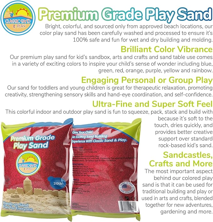 Classic Sand and Play Red Colored Play Sand, 20 lb. Bag, Natural and Non-Toxic, Fun Wet and Dry Indoor and Outdoor, Sandbox, Therapy, and Table Use, Building, Stimulate Sensory Needs