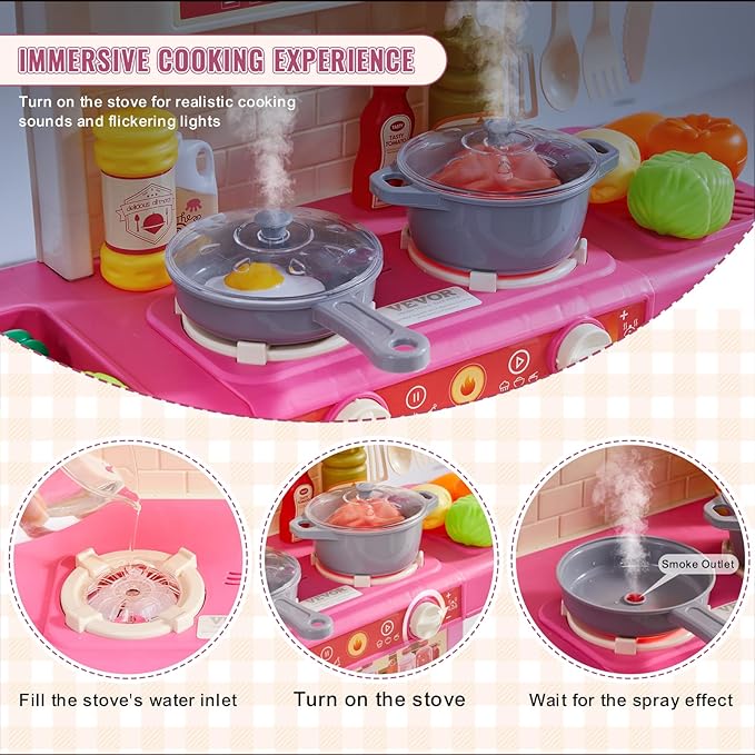 VEVOR Kids Kitchen Playset, Toddler Kitchen with Cooking Stove with Steam, Sounds and Lights, Play Kitchen Set with 48 PCS Cooking Accessory Set for Toddlers, Preschoolers, Children Ages 3-5, Pink