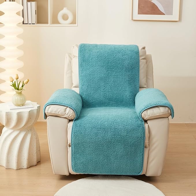 vctops Sherpa Fleece Recliner Chair Cover Super Soft Warm Plush Sofa Slipcover Furniture Protector Non Slip Washable Reclining Chair Cover for Kids, Pets (Lake Blue,22"x82")