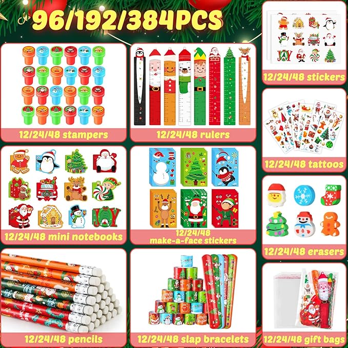 BenLouis Christmas School Stationery Set Party Favors Xmas Classroom Gift Prizes Bulk for Students Kids Holiday Stockings Pinata Filler Christmas School Goodie Bag Stuffers Decor（24set Christmas ）