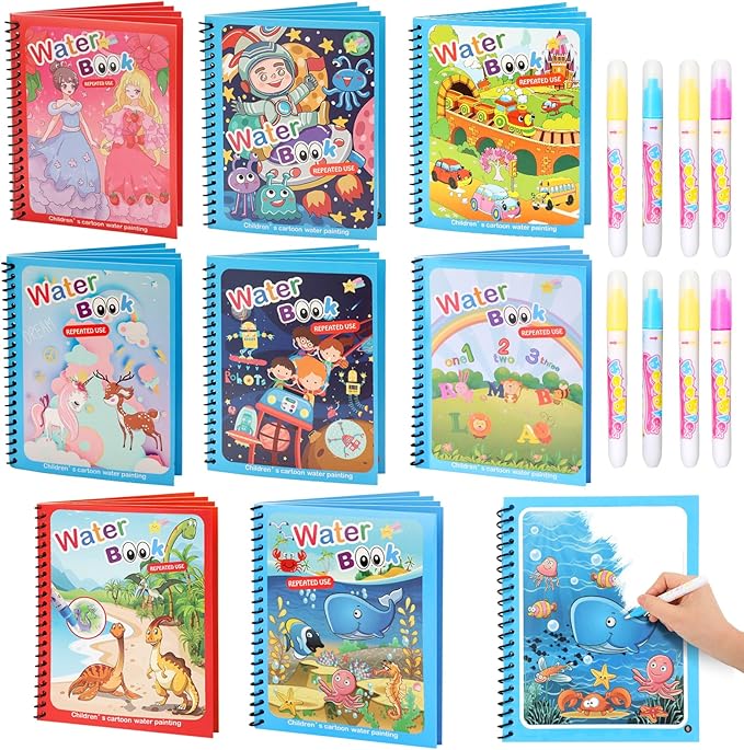 XBagSJ 8 Pack Reusable Water Coloring Books for Toddlers, Paint with Water Books,Mess-Free Coloring Book, Portable Educational Doodle Drawing Toy, Improving Children's Imagination, Color Perception