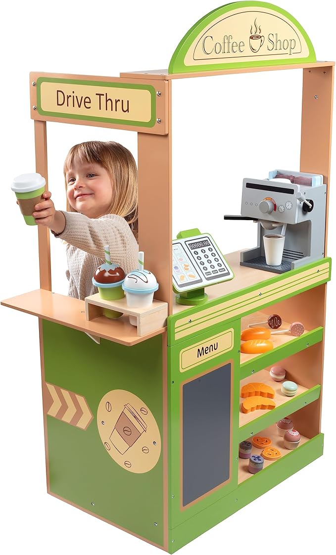 Pretend Coffee Shop Wooden Playset- Drive Thru Window Fun- Includes Frappuccino w Straws Espresso Maker Bread Pastries Rotating Cash Register, Coffee Cups, Apron- 25+ Cute Play Pieces! Kids Gift