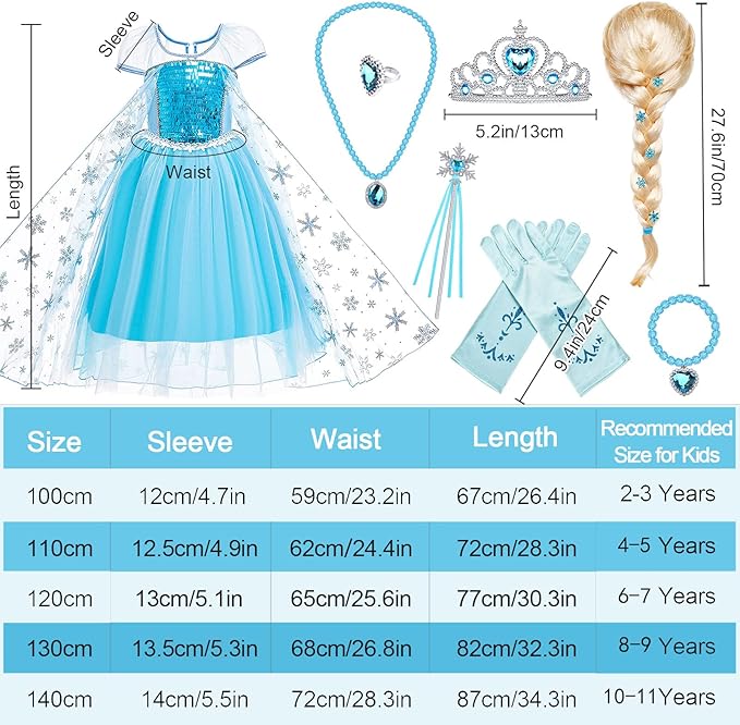 Tacobear Elsa Costume for Girls Kids Elsa Wig Blue Crown Glove Princess Dress Up Accessories Birthday Cosplay Outfit
