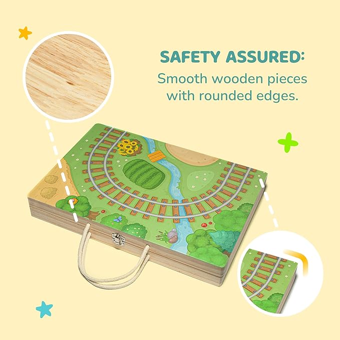 Bimi Boo 26-Piece Wooden Take-Along Tabletop Railroad Play Set for Toddlers - Premium Wood Railway Set for Kids 3+ Year Old - Magnetic Train Kit for Pretend Play - Includes Carry Case with Handle