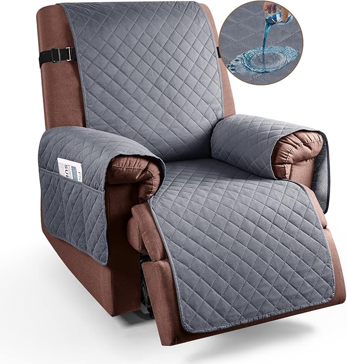 KinCam 100% Waterproof Recliner Chair Cover, Reclining Couch Covers for Pets, Dogs, Recliner Couch Slipcover Furniture Protector with Elastic Straps for Kids(28", Dark Gray)