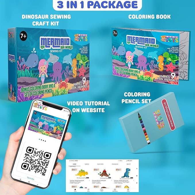 MOMOTOYS Kids Sewing Kit for Kids, Fun & Educational Mermaid and Sealife Sew Craft Set for Boys and Girls Ages 8-12, Complete Beginner Sewing Kit with Felt Plushie for Creative DIY Projects