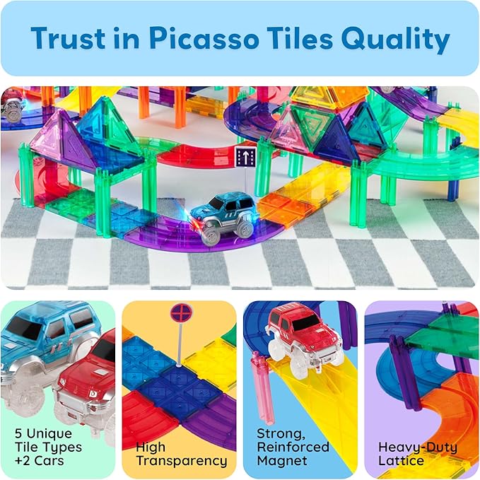 PicassoTiles 50 Piece Race Car Track Building Block Educational Toy Set Magnetic Tiles Magnet DIY Playset 2 Light Up STEM Learning Construction Kit Hand-Eye Coordination Fine Motor Skill Training