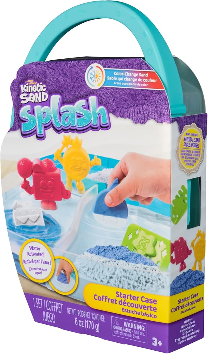 Kinetic Sand, Splash Starter Case with 6oz Color-Change Play Sand, 3 Tools & Molds, Reusable Storage, Sensory Toys for Kids Ages 3 and up