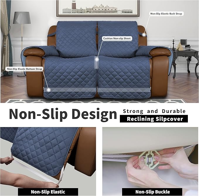 Easy-Going Recliner Sofa Cover, Reversible Couch Cover for Double Recliner, Split Sofa Cover for Each Seat, Furniture Protector with Elastic Strap for Kids, Dogs, Pets(2 Seater, Dark Blue/Light Blue)