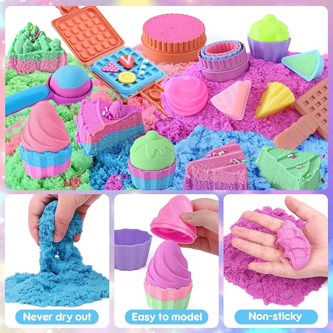 G.C Ice Cream Sensory Bin for Girl Kid Toy, 108pcs Play Sand Art Kit with Sandbox/2lb Color Sand/Cake Molds/Plastic Dessert, Sensory Toy Christmas Birthday Gift for Girl Toddler Ages 3 4 5 6 7 8