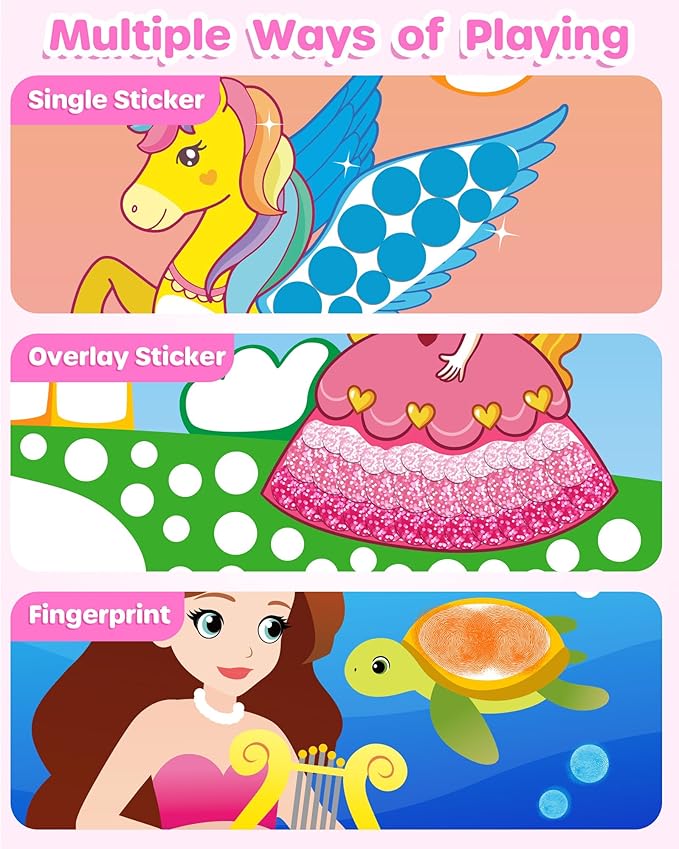 D-FantiX Dot Art Sticker Book Kits with Ink Pad, Mess-Free Finger Painting for Toddlers, Unicorn, Princess, Mermaid, Flower Fairy Arts and Crafts, Kids Travel Activities, Girls Easter Basket Stuffers