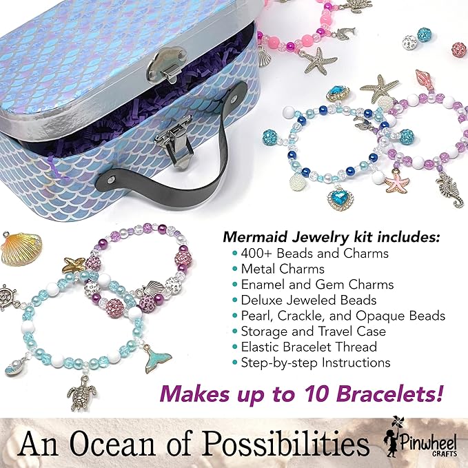 Pinwheel Crafts Mermaid Charm Bracelet Making Kit with Storage Case - DIY Kids Jewelry Making Kit for Girls 8-12 - Birthday Gift & Craft Supplies with Beads and Ocean Charms