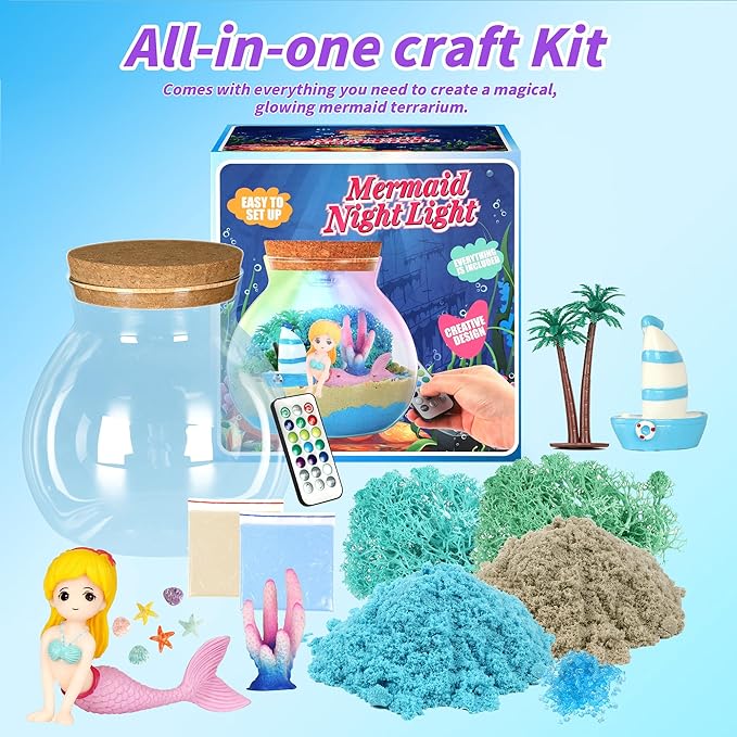 Mermaid Terrarium Crafts Kit for Girls - Make Your OWN Unicorn Night Light with 16 Modes LED Remote - Unicorn Birthday Gifts Toys for Girls Ages 5 6 7 8 9 10 Year Old - Best Christmas Gifts for Girls