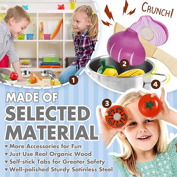 Airlab Kids Pots and Pans Playset for Kids Kitchen Accessories Wooden Play Food Stainless Steel Toys for Toddlers 1-3 Cutting Pretend Toy Bithday Gift