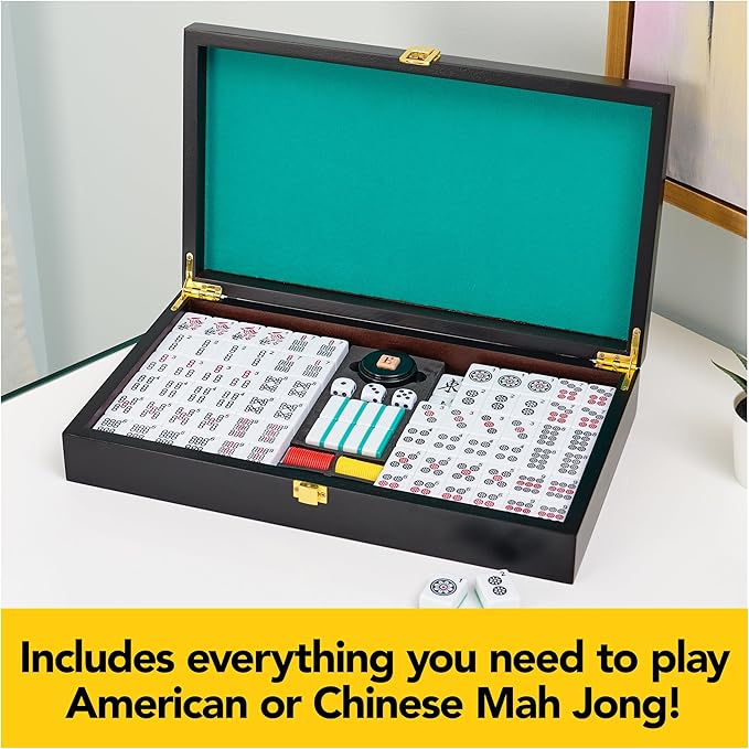 Spin Master Games Legacy Deluxe Mah Jong Classic Game with Two-Toned Tiles and Lined Wood Storage Case, Family Game for 4 Players Ages 8 and up