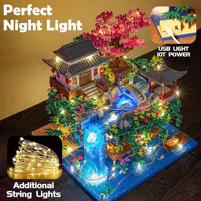 Peach Blossom Pond Micro Building Blocks Set Toys for Kids and Adults, Mini Cherry Bonsai Tree House with LED String Lights DIY Japanese Sakura Street Model Chinese Bricks Architecture Kit Teens Gift