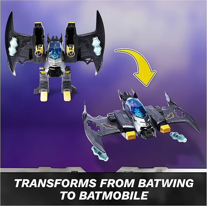 DC Comics, Metal Force Transforming Batwing, 2-in-1 Playset, Includes Batman and Superman Figures, with Projectiles and Character Cards, Kids Toy for Boys and Girls Ages 4+