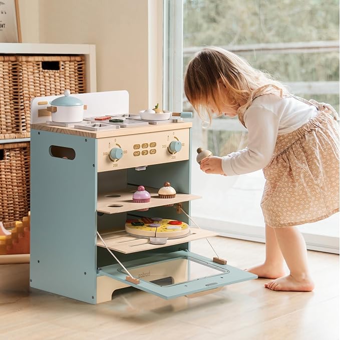 ROBOTIME Wooden Toy Kitchen Oven Playset, Montessori Pretend Play Kitchen Accessories with Pizza and Cupcakes Food Toys, Wooden Pizza Oven Set Toys for Toddlers & Kids