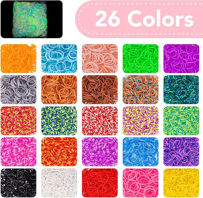 Needbrock 18500+ Bracelet Making Kit Rubber Band, 26 Colors Rubber Band Bracelet Kit Includes 800 Pcs Glow-in-The-Dark Rubber Bands, Bracelet Making Kit Valentines Gifts for Kids Age 8 Above(Pink)