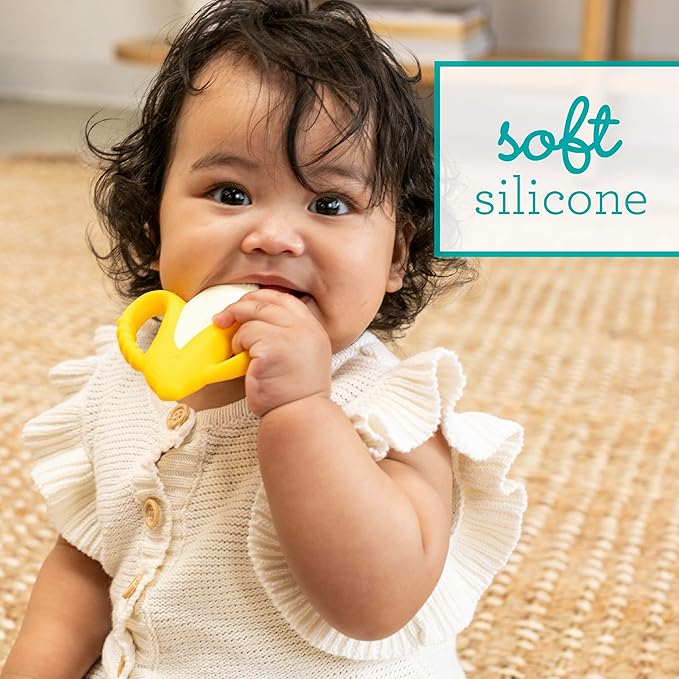 Infantino Lil' Nibbles Textured Silicone Baby Teether - Sensory Exploration and Teething Relief with Easy to Hold Handles, Yellow Banana, 0+ Months