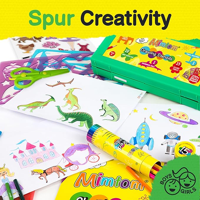 Drawing Stencil Kit for Kids, 60 PC Art Set with 370+ Shapes, Sketch Pad, and Colored Pencils for DIY Arts and Crafts for Boys and Girls, Draw with Letter, Animal and Car Stencils, Green