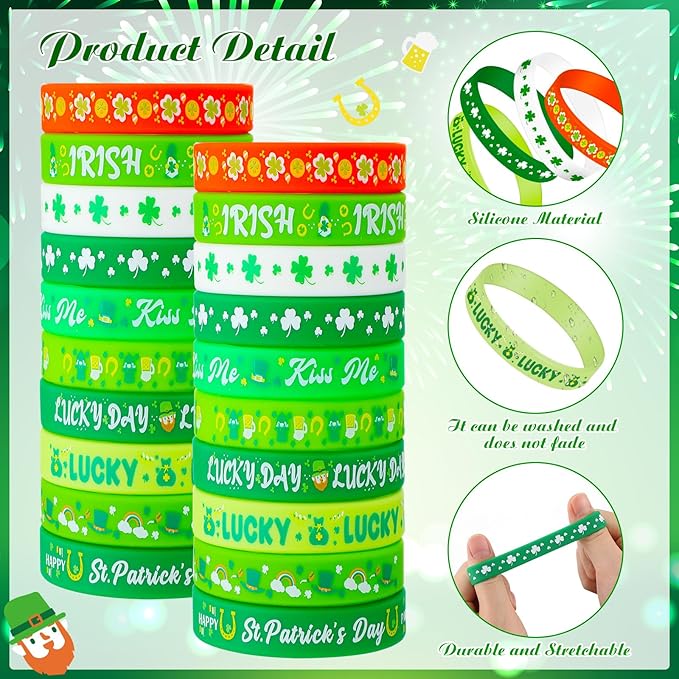 Wettarn 100 Pcs St. Patrick's Day Rubber Wristbands St. Patricks Day Silicone Bracelet Shamrock St Patricks Day Bracelets Green Rubber for St. Patrick's Day Party Favors Supplies School Gift Supplies