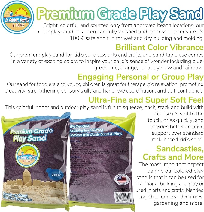 Classic Sand and Play Purple Colored Play Sand, 20 lb. Bag, Natural and Non-Toxic, Fun Wet and Dry Indoor and Outdoor, Sandbox, Therapy, and Table Use, Building, Stimulate Sensory Needs