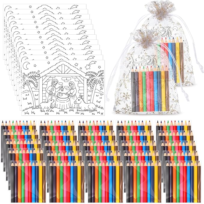 Qilery 25 Sets Christmas Activities Nativity Scene Coloring Page Bulk for Kids Coloring Page with Coloring Pencils and Organza Gift Bag Xmas DIY Art Drawing Page for Kids School Party Favor
