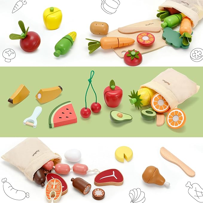 PairPear Wooden Toys Play Food Sets for Kids Kitchen, Kids Toy Food Cutting Vegetables Set for Toddlers 3+ Years Old, Pretend Food Play Kitchen Accessories for Girls and Boys