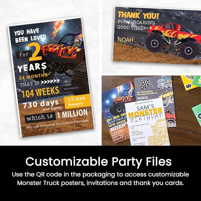 Monster Truck Party Favors - 10 Jars Quartz Sand - Monster Truck Sand - Sensory Sand for Kids-Includes Customizable Printable Monster Truck Cupcake Topper & Snack Labels-Creative Molding Sand