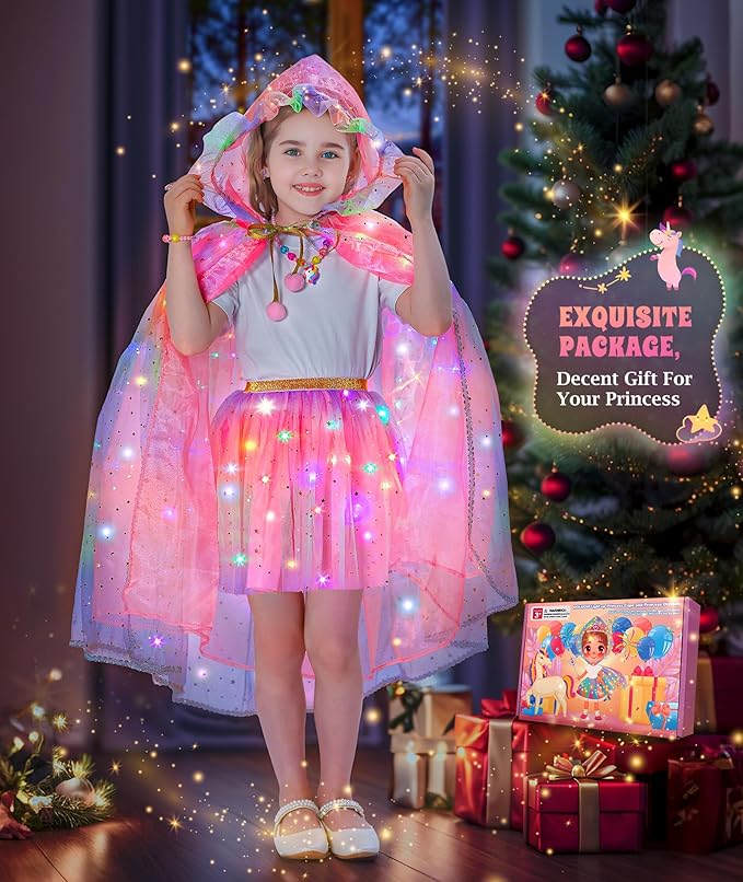 Princess Dress Up for Girls, Light up Princess Cape Princess Dress Costume Crown Wand Gifts for Toddler Girls 3 4 5 6