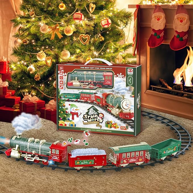 JUQU Train Set, Electric Train Set w/Smoke, Light and Xmas Sounds, Christmas Tree Train Toys w/Steam Locomotive Engine, Toddler Train Sets for Boys 4-8, for Kids Ages 3 4 5 6