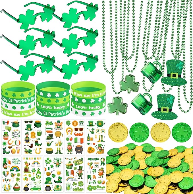 163Pcs St. Patrick's Day Accessories Party Favor Set, Tattoo Stickers, Necklaces, Bracelets, Shamrock Glasses, lucky Coins for Irish Party Supplies