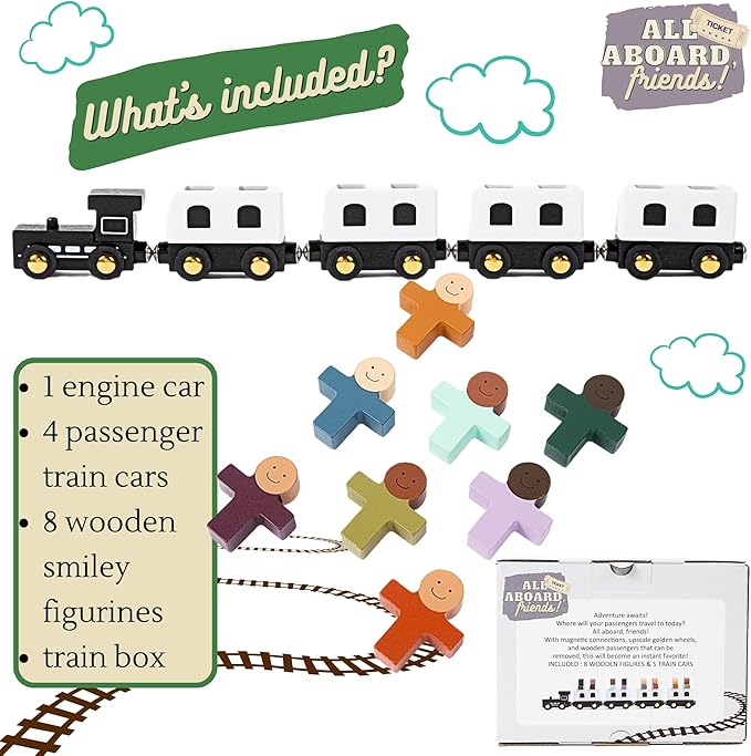 Wooden Train Set - Train Toys Magnetic - Toy Train Sets for Kids Toddler Boys and Girls | Compatible w/Wooden Train Tracks -All Aboard, Friends!