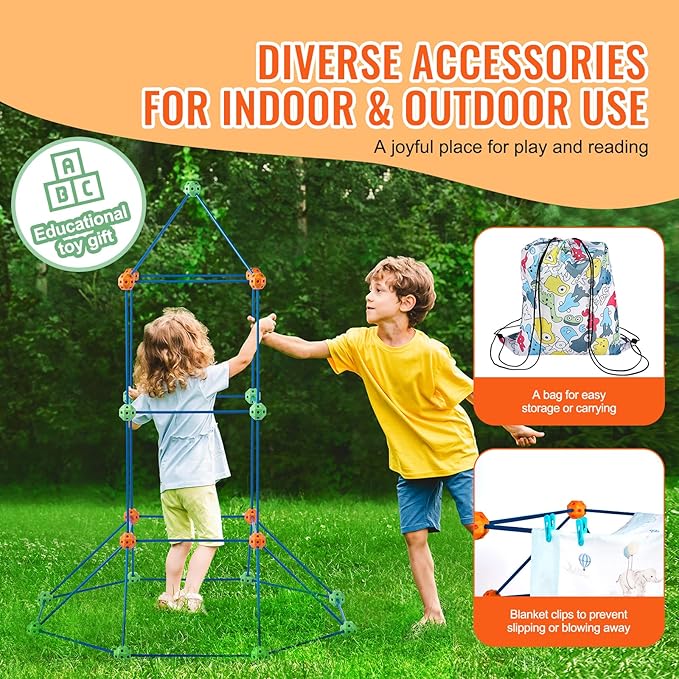 VEVOR Fort Building Kit for Kids, 120PCS STEM Building Toys, Educational Gift for 4 5 6 7 8+ Year Old Boys & Girls, Indoor Outdoor Play Tent Builder Set Construction Toys with 80 Rods and 40 Balls