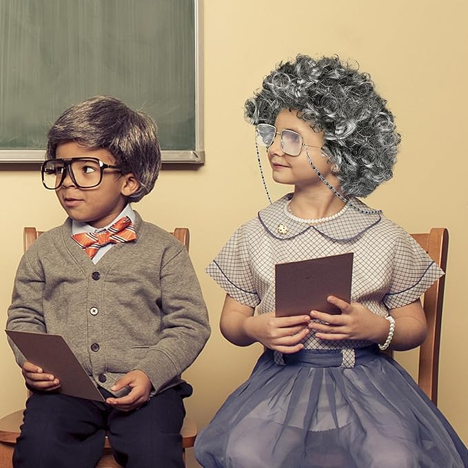 Old Lady Costume for Kids, 100th Day of School Cosplay Black White Curly Wig Glasses Wig Cap Necklace Bracelet Accessories
