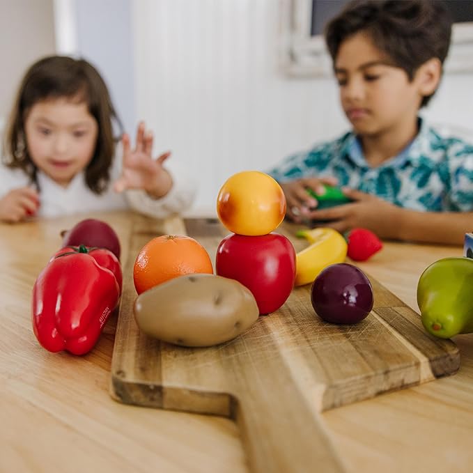 Melissa & Doug Play-Time Produce Fruit (9 pcs) and Vegetables (7 pcs) Realistic Play Food,Orange