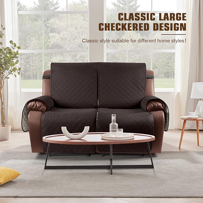 KinCam Waterproof Oversized Loveseat Recliner Cover, Non-Slip Reclining Couch Covers for 2 Seat, Recliner Sofa Cover Furniture Protector with Elastic Straps for Kids, Pets, Chocolate