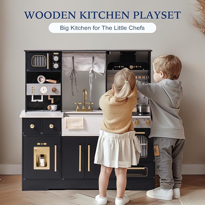 ROBOTIME Wooden Play Kitchen for Toddlers and Kids, Toy Kitchen Set with Ice Maker and Coffee Machine, Realistic Toddler Kitchen Set, Gift for Girls Boys Ages 3+