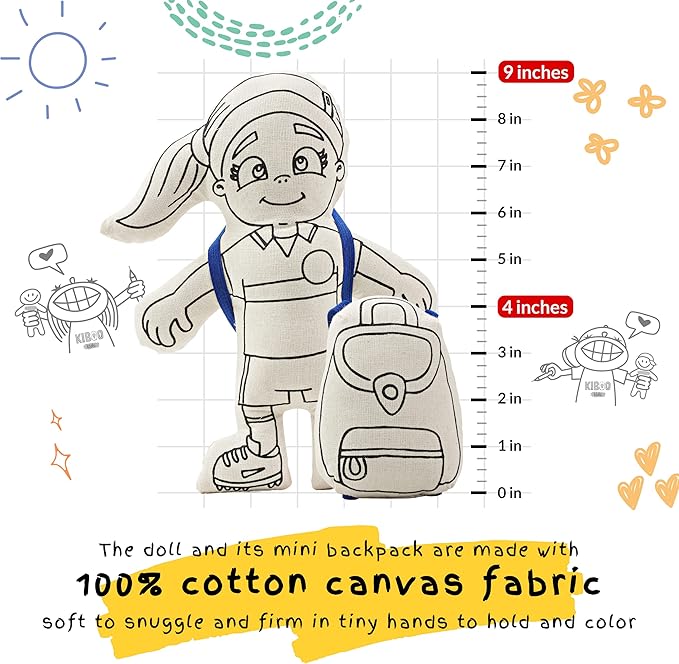 Washable Coloring Doll – Soccer Girl with Ponytail, Mini Doll Backpack & Markers - Educational Art & Crafts Toy - Color, Play, Wash, Repeat - Reusable Creative Gift for Kids