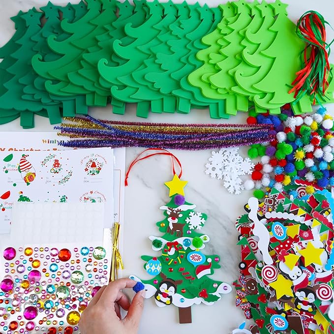 Winlyn 24 Sets Christmas Tree Ornaments Decorations Art Sets DIY Christmas Craft Kits Pine Tree Snowman Snowflake Penguin Foam Stickers Arts and Crafts for Kids Party Favors Home Classroom Activities