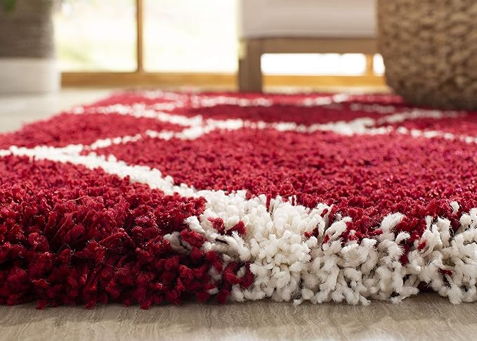 SAFAVIEH Hudson Shag Collection 7' Round Red / Ivory SGH280R Moroccan Ogee Trellis Non-Shedding Living Room Bedroom Dining Room Entryway Plush 2-inch Thick Area Rug