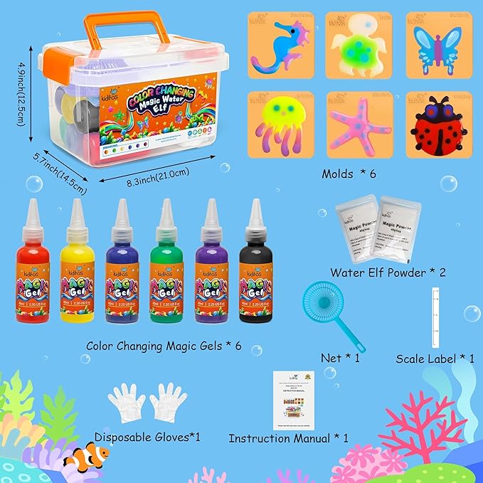 Kiditos Color Changing Magic Water Elf Toy Kit, Magic Aqua Fairy Water Gel Kit with 6 Color Changing Gels and 6 Molds. Christmas Gifts, Birthday Gifts, Party Favors, Arts&Crafts DIY STEM Kits for Kids